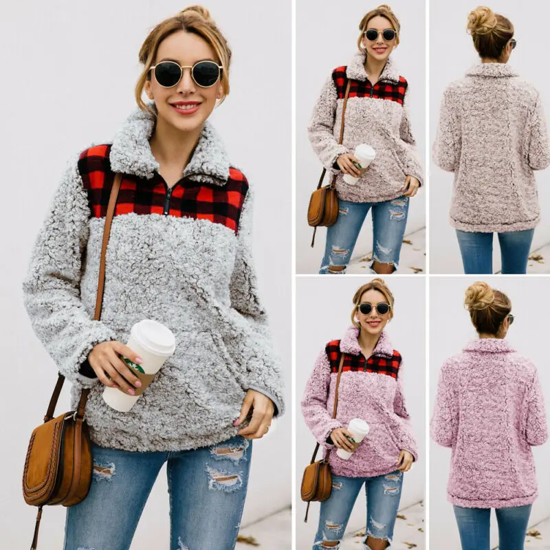 Goocheer Women Fleece Outerwear Fashion Plaid Patchwork Fluffy Thick Sweaters Warm Zipper Pullovers Winter Coat Sherpa Tops | Женская