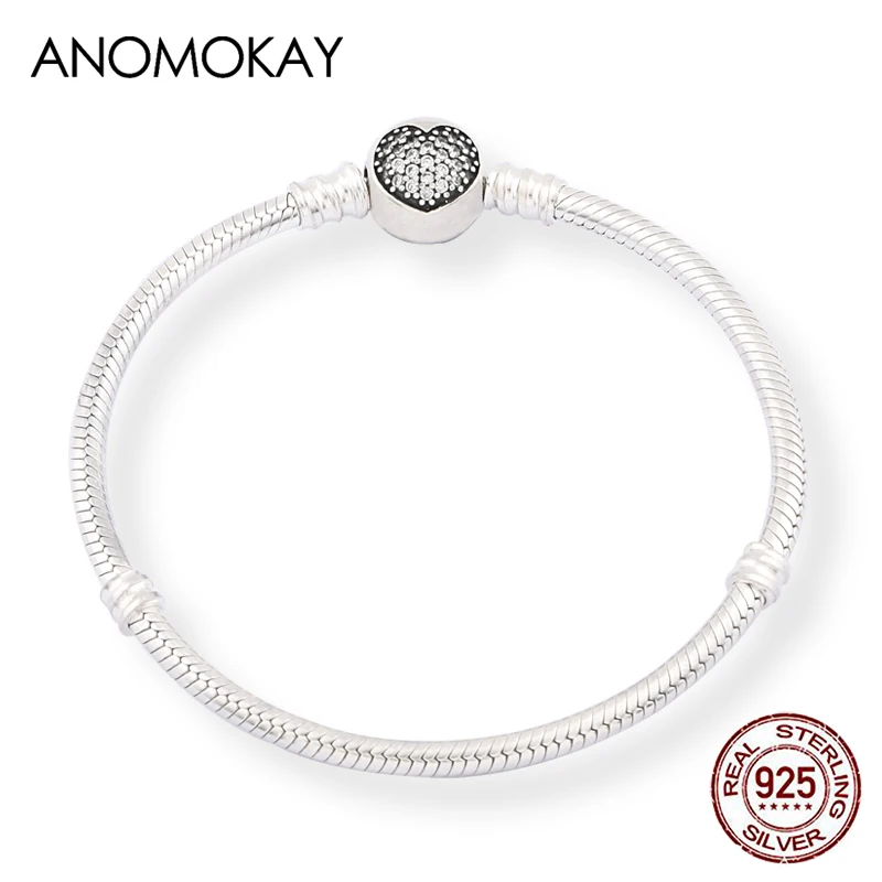 

Luxury 100% 925 Sterling Silver Sparkling Heart Charm Bracelet & Bangle Snake Chain Basic Bracelet for Women Fine Jewelry Gift