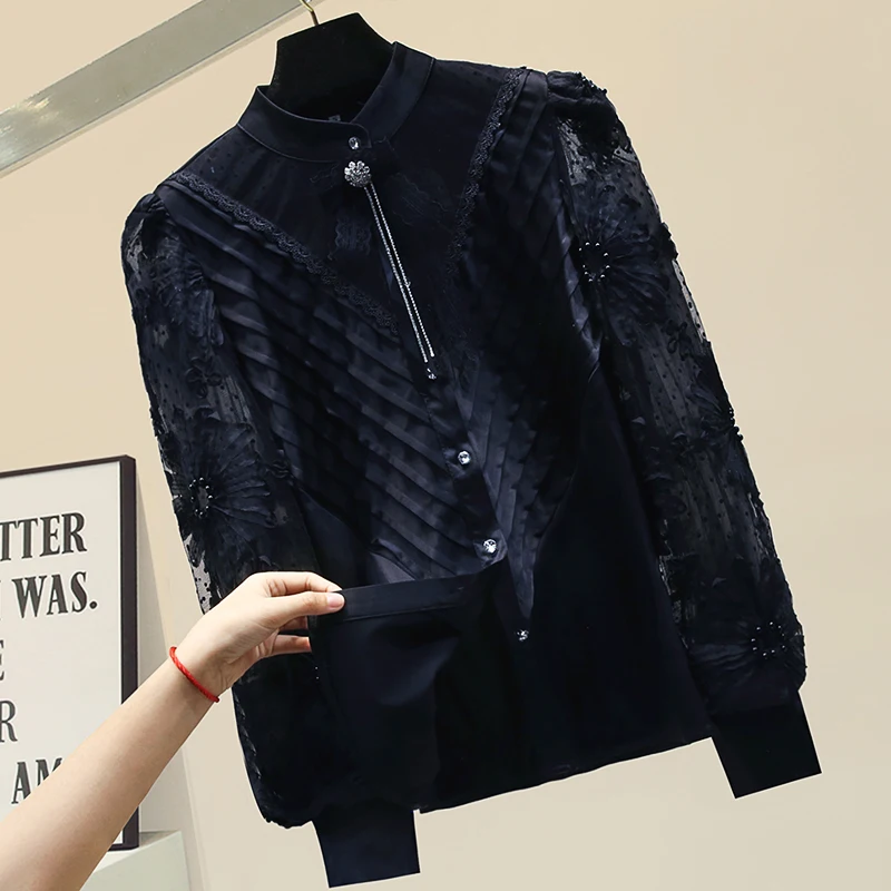 Кружевная рубашка с длинным рукавом Женская Весенняя белая блузка 2020 воротником