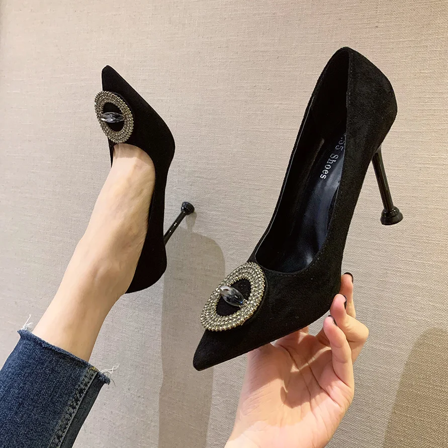 

2021 New Fashion Round Crystal Buckle Party Shoes Women Pumps Pointed Toe Concise Flock High Heels 10cm Shoes Women's Shallow