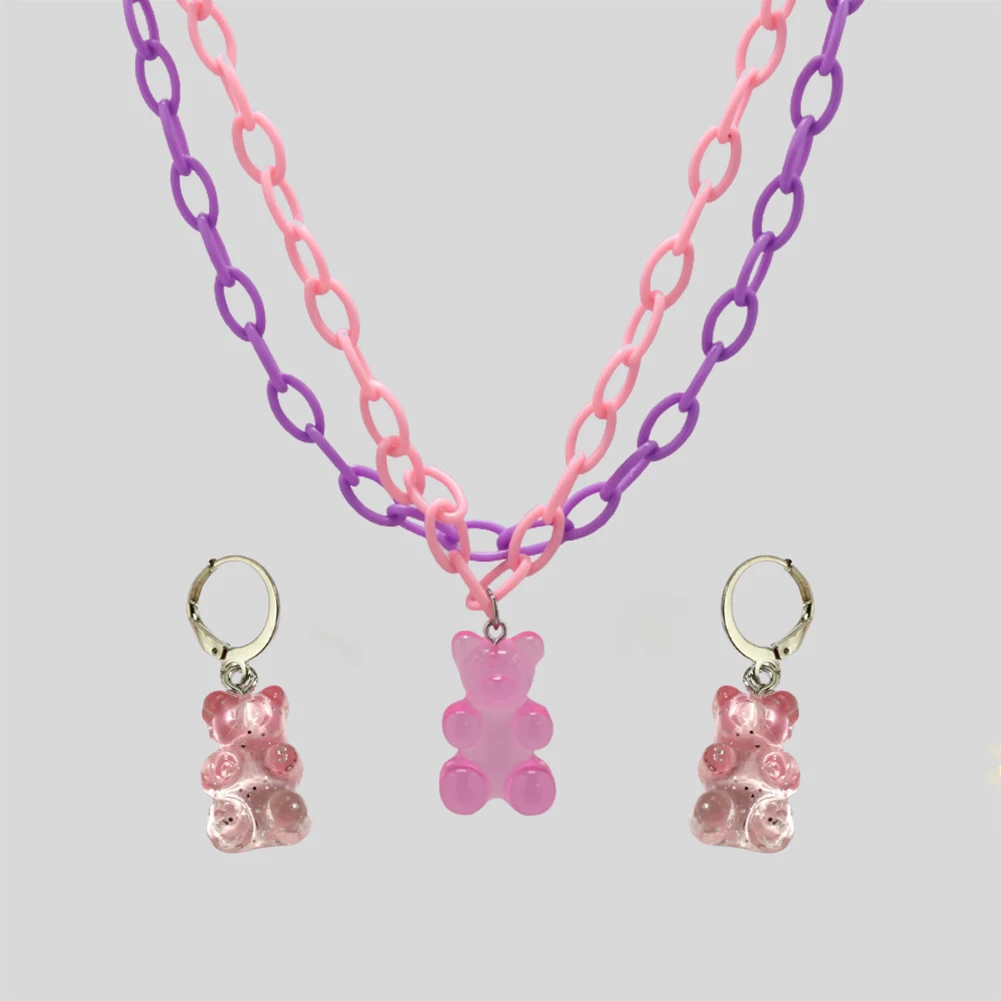 

New Sweet Double Layer Candy Color Bear Gummy Pendant Necklace Earrings For Women Rainbow Cartoon Bear Necklace Y2K Jewelry Gift