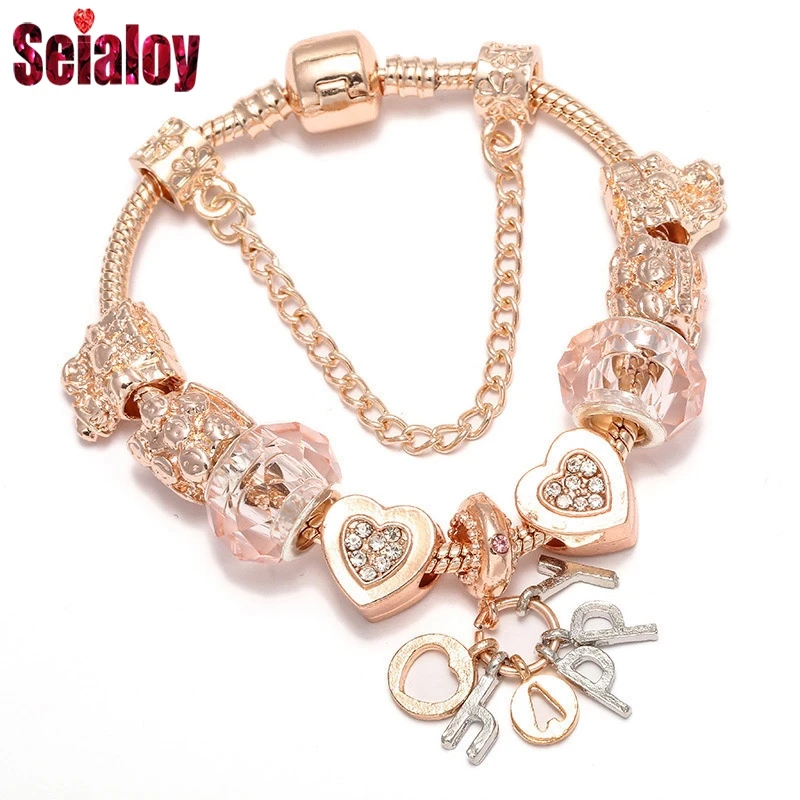 

Браслеты Seialoy с подвесками в форме сердца из розового золота, браслеты «сделай сам» с бусинами из розового кристалла для женщин, браслет на День Матери