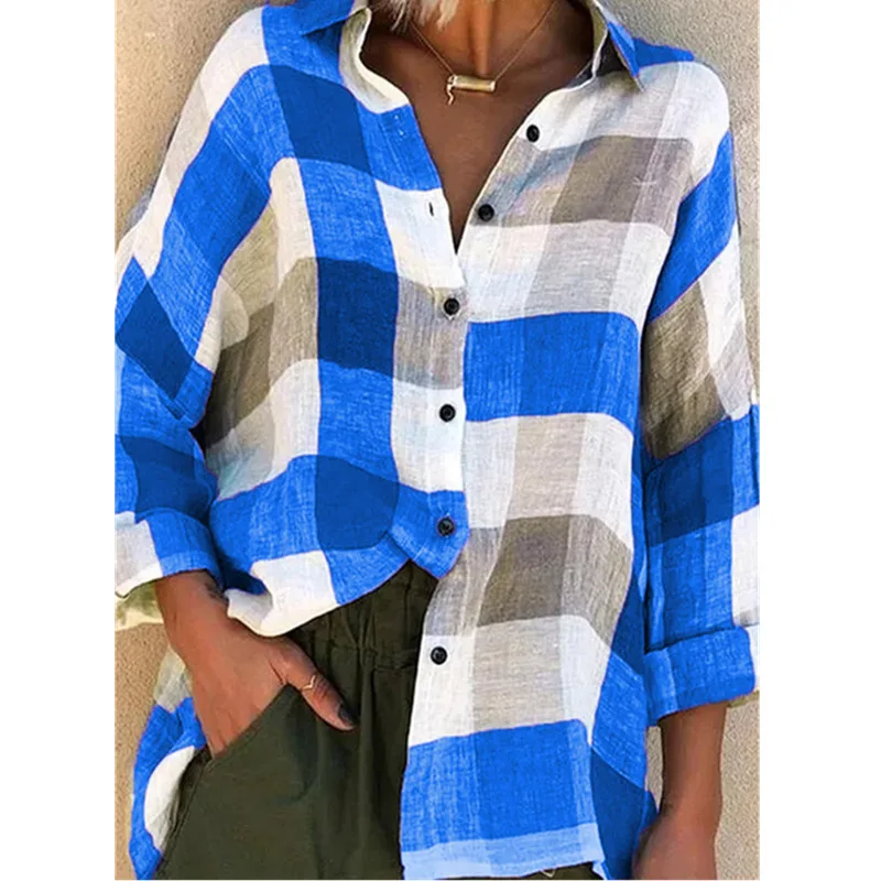 

Plus Size 5XL Plaid Print Button Shirt Top Women Casual Loose Long Sleeve Turn-down Collar Streetwear Cotton Blouse Shirt Autumn