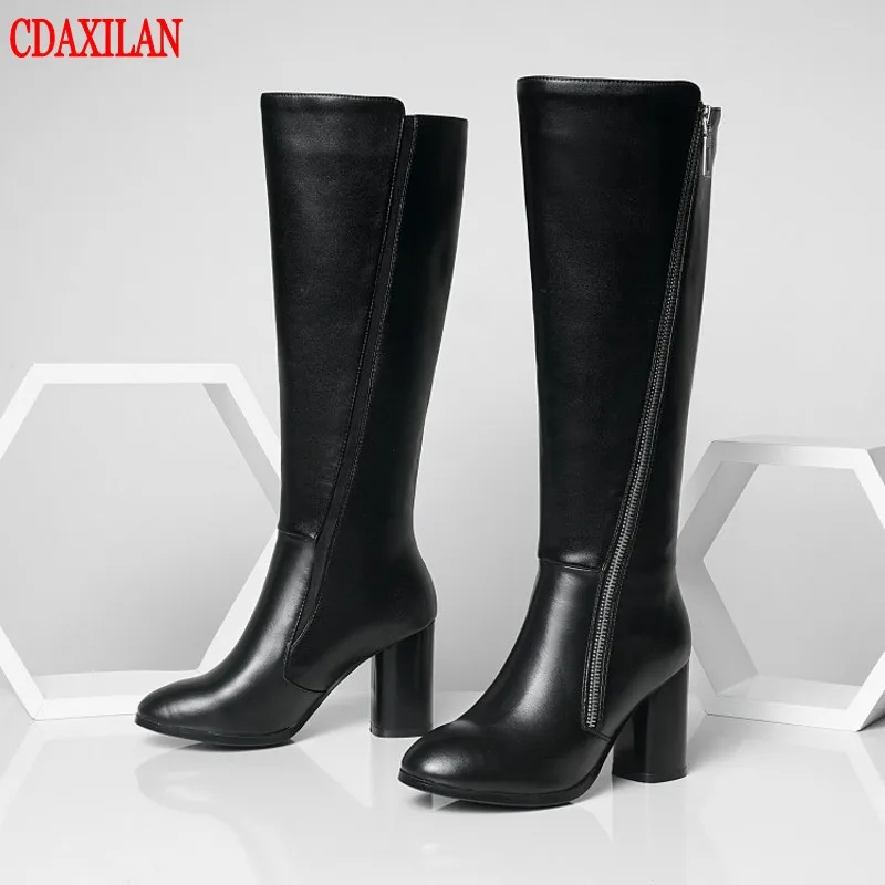 

CDAXILAN new to women's boots genuine cow leather high-heels knee-high square heel side zipper ridIng Equestrian boots