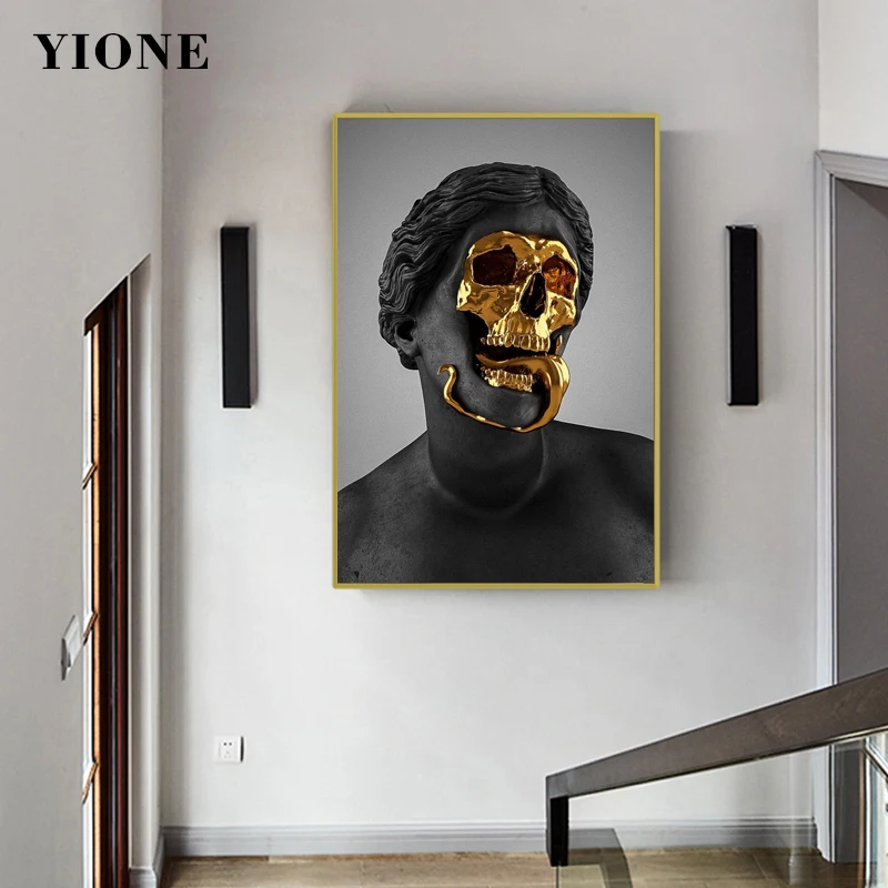 

Modern Abstract Grey Statue Canvas Painting Dark Golden Skull Sculpture Art Prints Poster Picture for Living Wall Home Decor