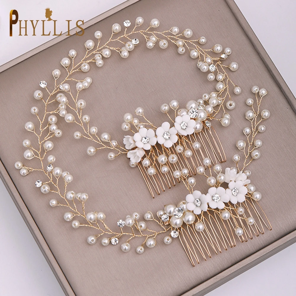 

A296 Gold Wedding Pearl Hair Comb Bride Crystal Headpiece Bridal Rhinestone Hair Clip Hair Accessories for Women and Girls
