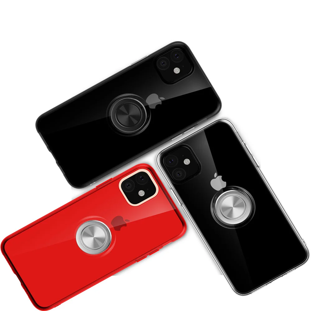 

Transparent Case for iPhone 12 mini 11 Pro Max XR SE 2020 XS 6 7 8 Plus Slim Soft TPU Metal Ring Holder Cover Car Magnetic Shell
