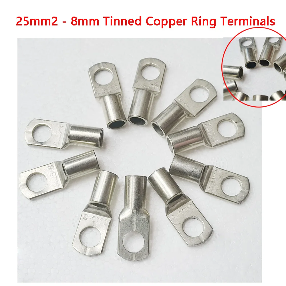 

10PCS 25mm2 - 8mm Tinned Copper Lugs Ring Crimp Terminals Battery Wire Connectors Bare Cable Crimped/Soldered Terminal SC35-6/10