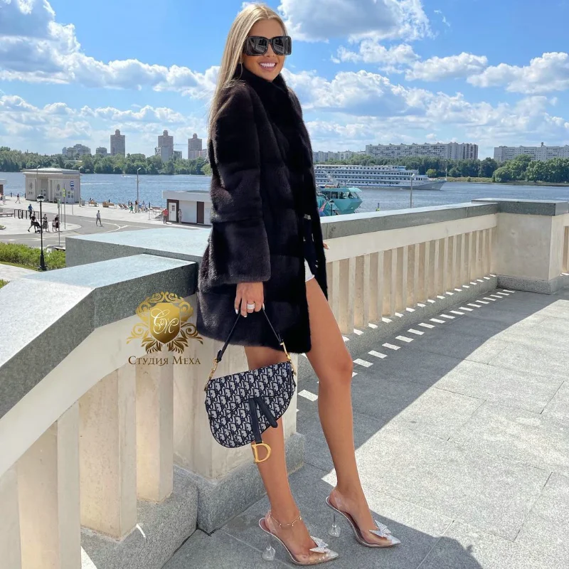 FURSARCAR 2021 New Arrival Real Fur Coat Natural Mink Fur Luxury Female Medium Jacket Thick Warm Winter Fashion Slim Overcoat