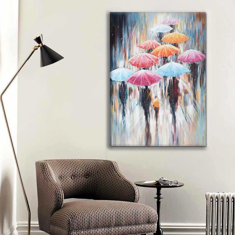 

100% Hand Painted Oil Painting On Canvas Abstract People In the Rain With Colorful Umbrellas Modern Decoration For Living Room