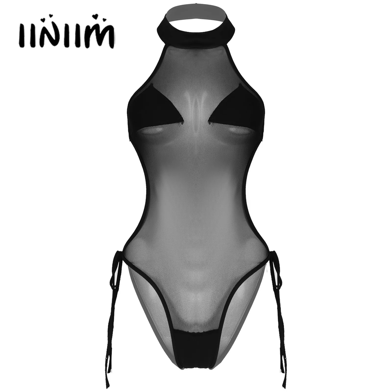 

Женское нижнее белье, прозрачное Сетчатое боди, прозрачное боди с лямкой на шее, с высоким вырезом, на шнуровке, с открытой спиной, с вырезом, ...