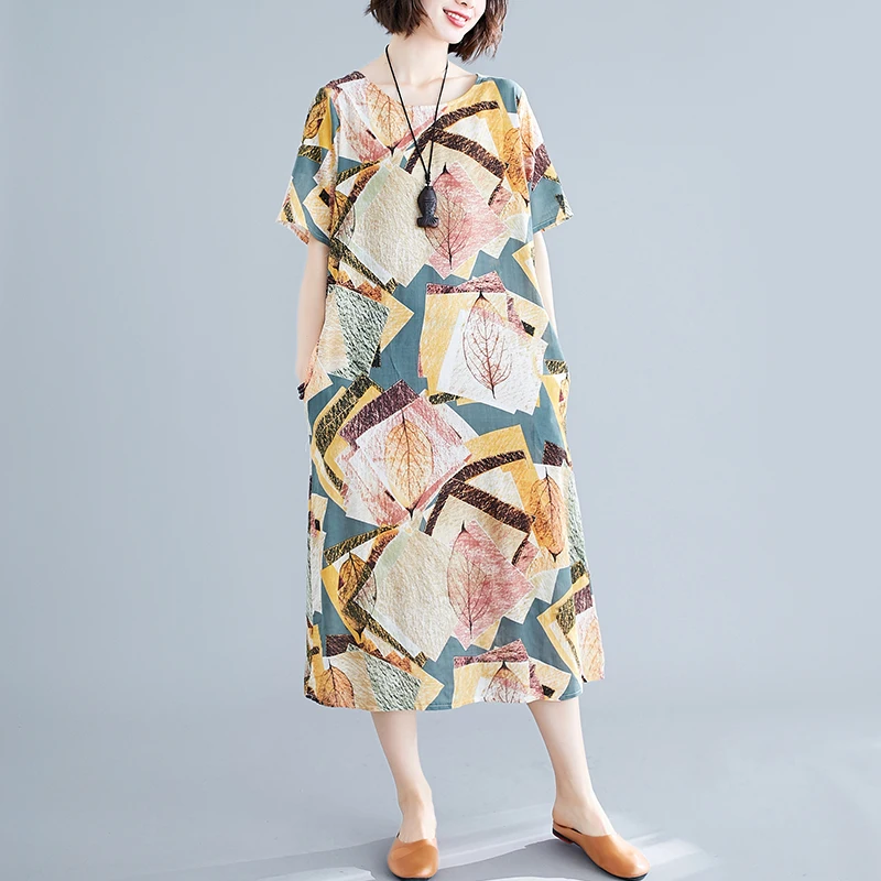 

2020 Лето Новое искусство размера плюс женская одежда для полных девочек; Свободное Утягивающее середины Длина печатные хлопок и лен платье с...