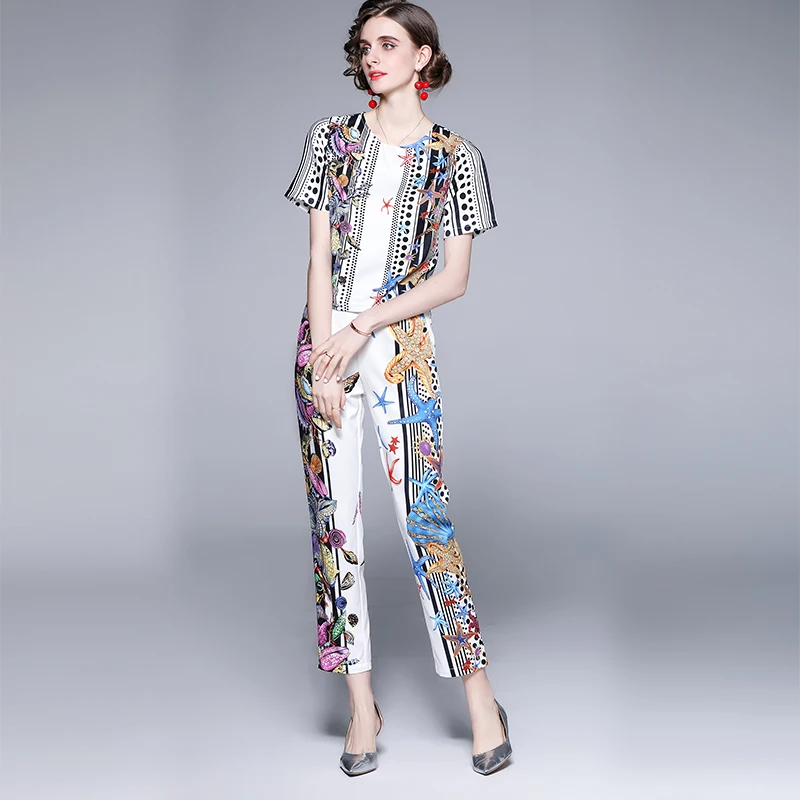 

Merchall Fashion Runway Summer Flower Print Suits Women Vintage Loose Short Sleeve Tops and Slim Long Pants 2 Piece Set M56623