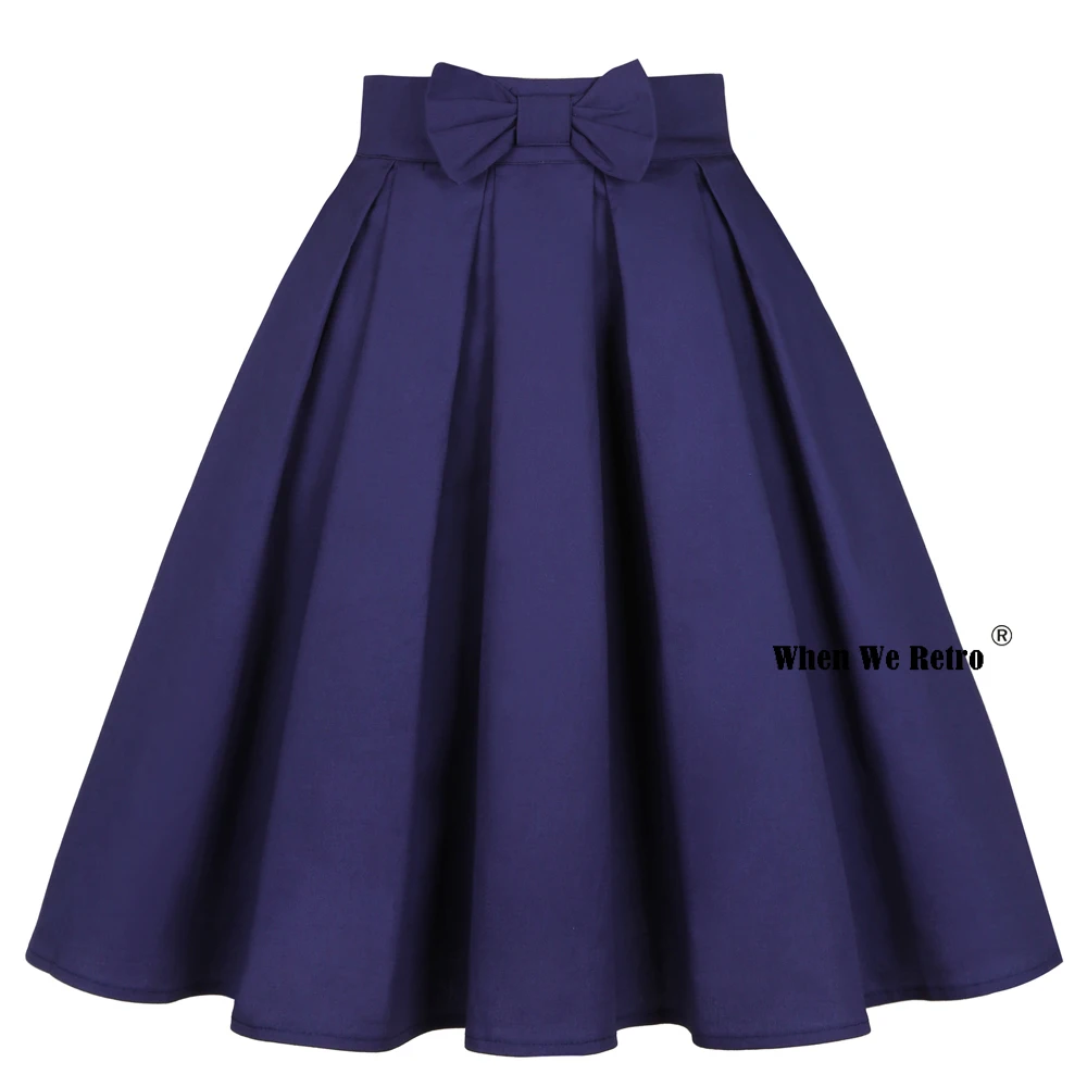 

2022 Women Solid Color Bow Cotton Navy Blue Skirt SS0012 50s 60s Hepburn High Waist Vintage Retro egirl Skater Pleated Skirt