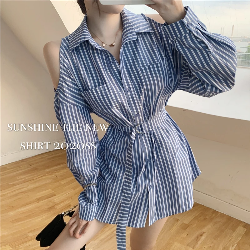 

Women blouse New off-Shoulder Design Lapel Mid-Length Blouse Shirt blusas mujer de moda 2020 ruffle blouse korean top 608B