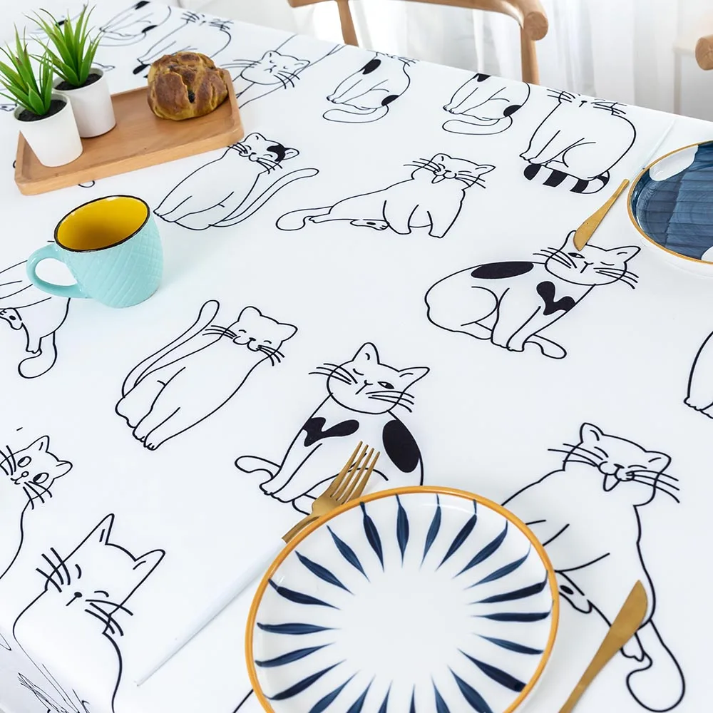 Cat themed waterproof white tablecloth6
