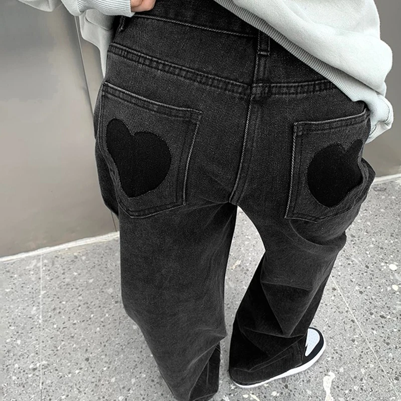

Женские джинсы с милыми сердечками, серые и черные свободные повседневные джинсовые брюки 4XL, джинсы с высокой талией, винтажные модные брюк...