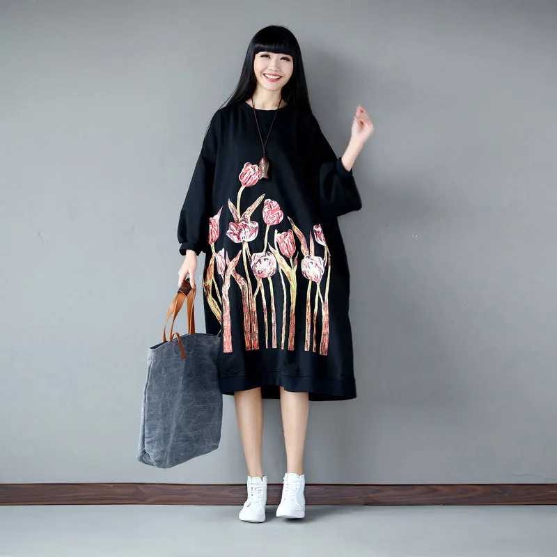 

VANOVICH 2022 Autumn and Winter New Style Oversized Retro Sweatershirts Dress Korean O-neck Printing Pullover Women