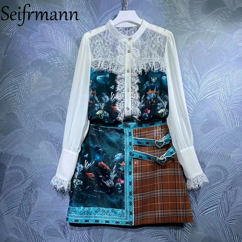 

Seifrmann New 2021 Autumn Women Fashion Runway Skirt Set Lantern Sleeve Lace Sequined Straight Shirts + High Waist Skirts Suits