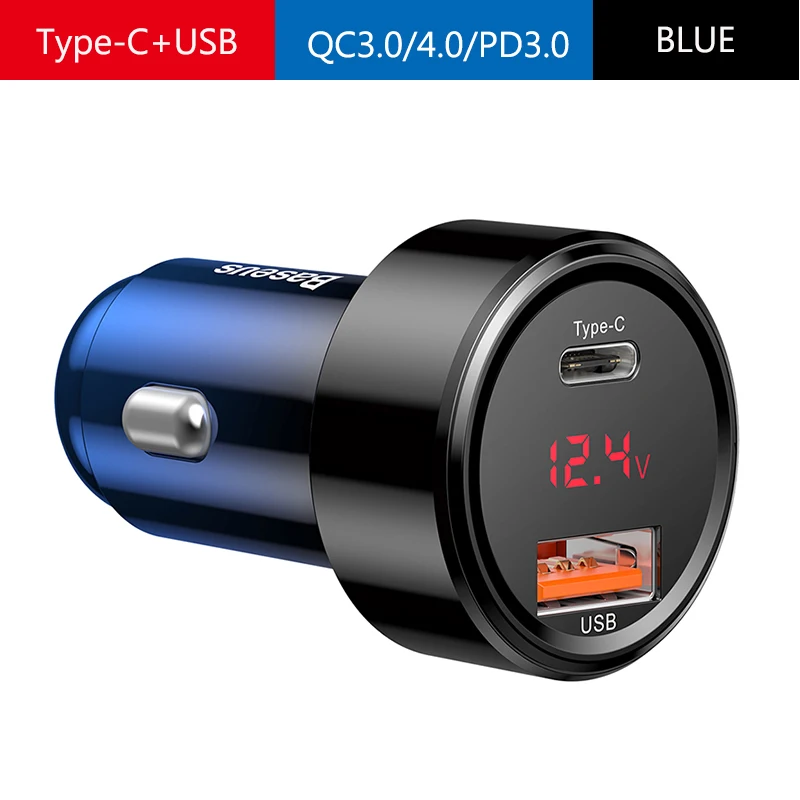 BLUE Type c USB Baseus автомобильное зарядное устройство с двумя Usb QC 3,0 4,0 Быстрая зарядка 6A зарядное устройство для мобильного телефона Зарядка для автомобиля PD 3,0 прикуриватель - Тип штекера: BLUE Type c USB
