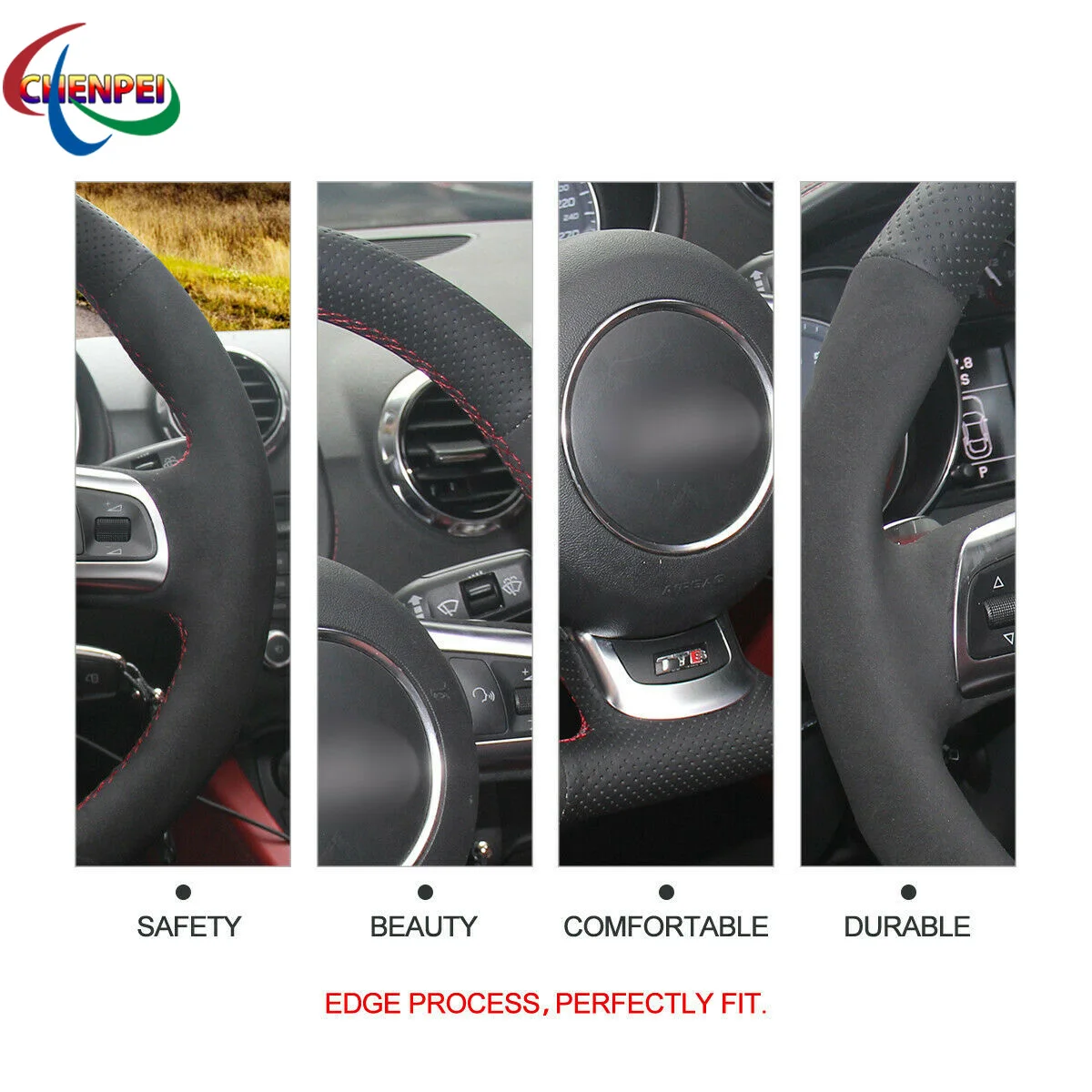 

DIY Hand-Sewn Non-Slip Black Leather Suede Car Steering Wheel Cover For Audi TT 2008-2015 R8 TTS Car Interior Accessories