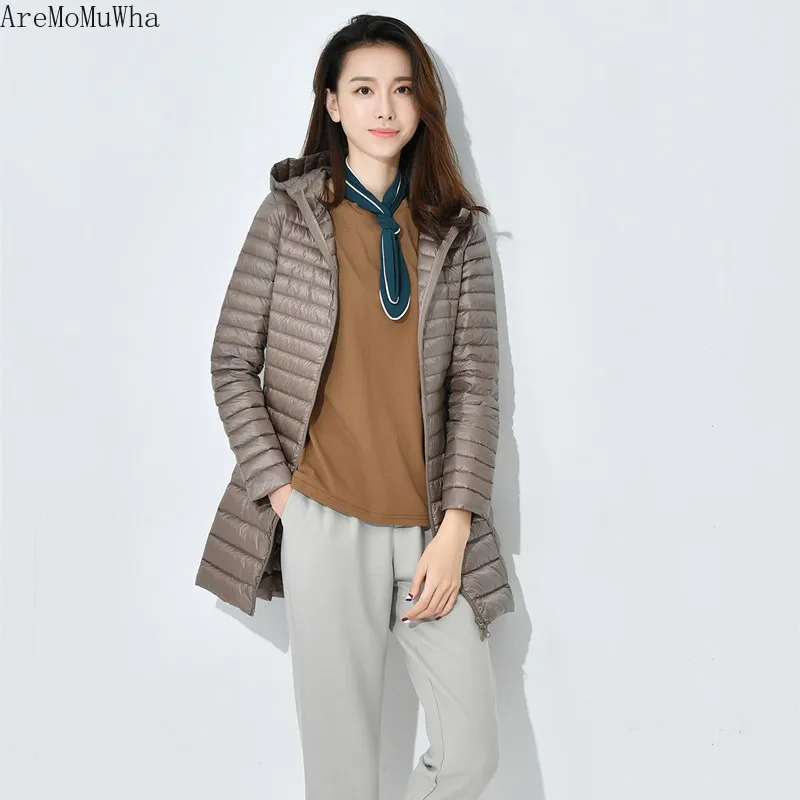 2021 Autumn Winter New Women's Lightweight Down Jacket Women's 40-KG-90KG Mid-length Korean Hooded Down Jacket Woman Coat S-4XL