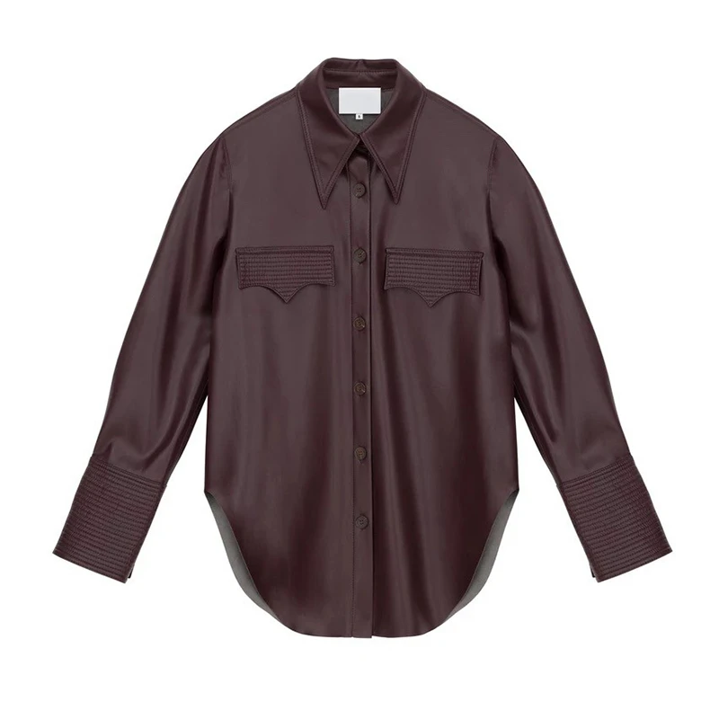 Женская кожаная блузка весна осень длинный рукав свободная рубашка Топы |