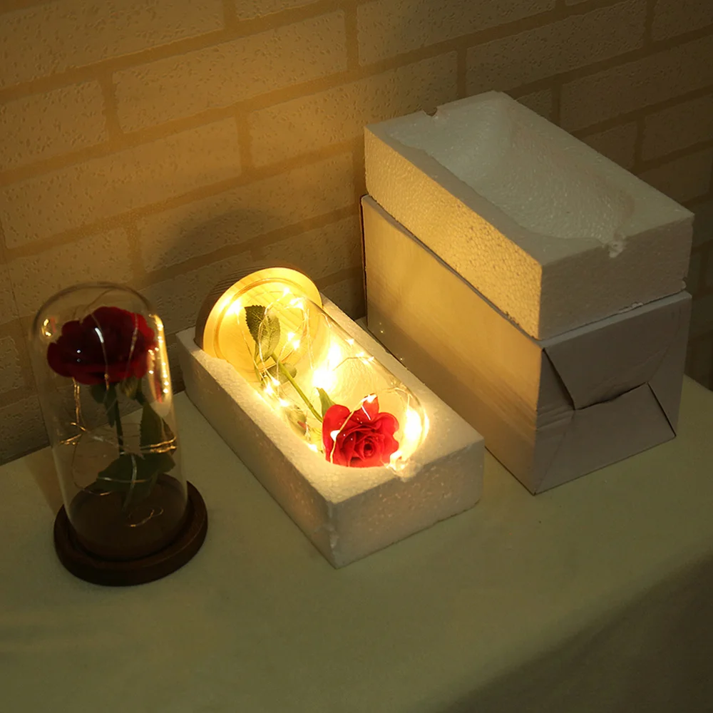 

Red Silk Rose with LED String Light Preserved in Glass Dome on Wooden Base for Valentine(Beige Base)