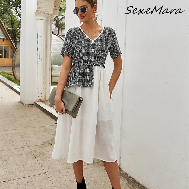 

Casual Fashion Korean Style Women Midi Dress 2020 Summer V-neck Button Slim Dress for Ladies