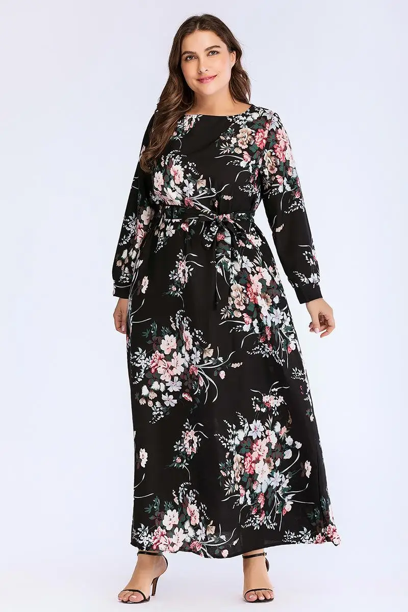 Женское длинное платье макси с цветочным принтом Abaya коктейльное круглым вырезом
