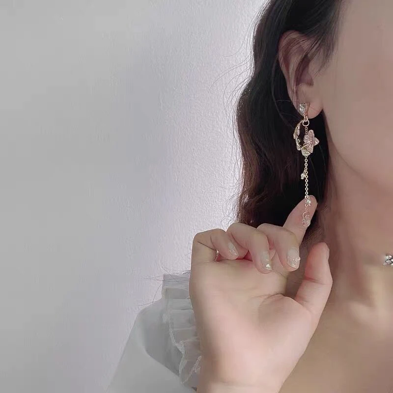 Японские и корейские милые длинные серьги-кисточки с розовыми цветами винтажные