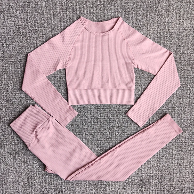

Women's Sportswear Yoga Sets Ribbed Seamless Long Sleeve Workout Clothes for Women High Waist Sports Legging Long Sleeve Top