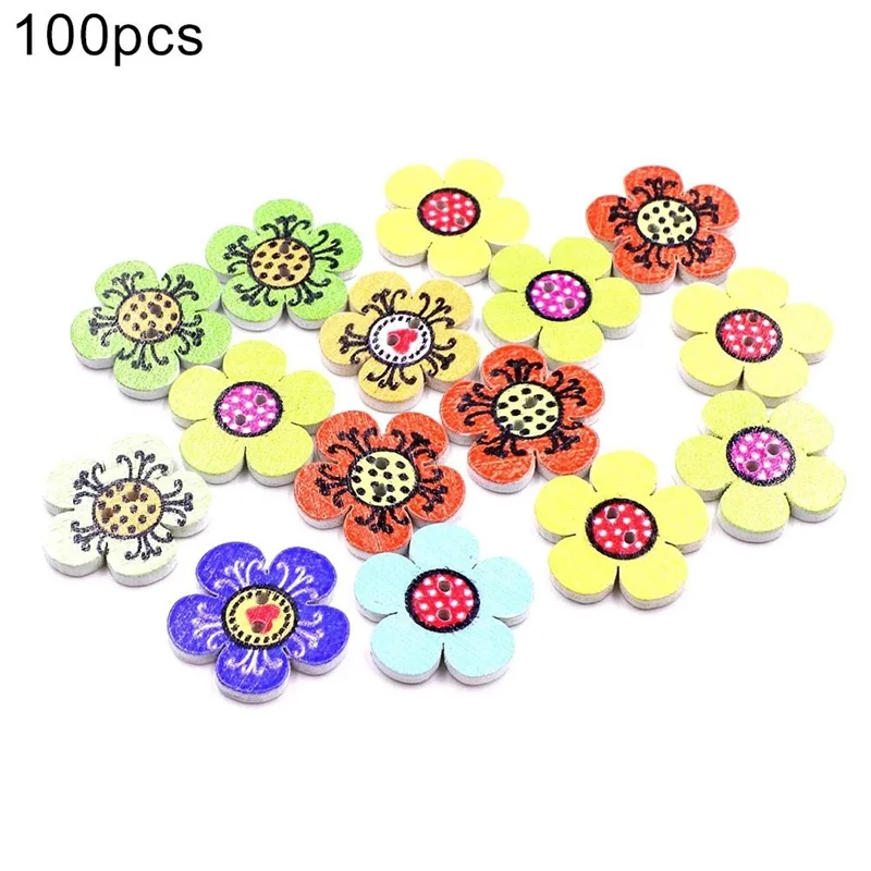 

100PCS Mixed Color Sunflower Wooden Sewing Buttons 2-Holes Painted Wooden Buttons DIY Craft Scrapbooking Decorations
