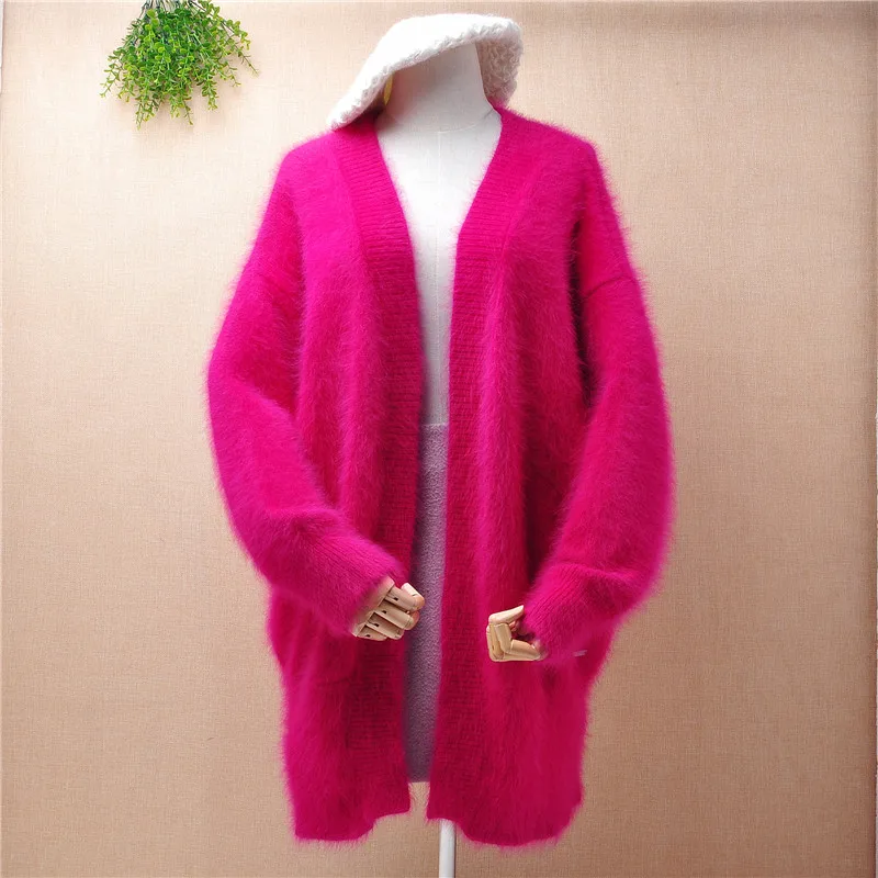 

ladies women fashion hairy fuzzy mink cashmere v-neck loose long batwing sleeves cardigans angora rabbit fur winter jacket coat