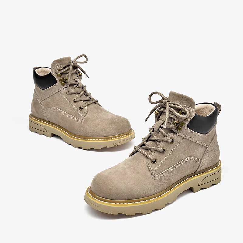 Online Cantik Kulit Suede Sepatu Wanita Panjang Pergelangan Kaki Sepatu Gurun Round Toe Renda Wanita Sepeda Motor Sepatu Buatan Tangan 04029