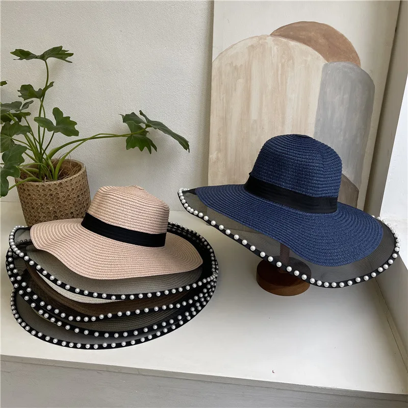 

Women's Summer Hat Pearl Bordered Sun Protection Cap Female Dome Big Wide Brim Hat Straw Hat Beach Hat Seaside Holiday Sun Hats