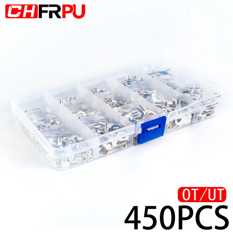 

450PCS UT OT Non-Insulated Ring Fork U-Type Terminal Tin-Plated Brass Terminals Assortment Kit Cable Wire Connector Crimp box