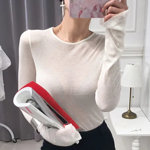 

Kawaii Korean Slim Transparent Sexy Slim Thin Loose Casual T Shirt Long Sleeve Pink Fashion Women Sweet Girl Female Tees H9JT