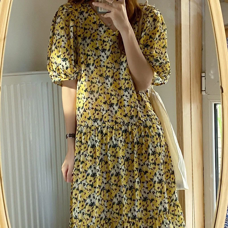 

Цельнокроеное корейское модное женское длинное платье, Новинка лета 2021, элегантное желтое цветочное шифоновое платье с пышными рукавами и ...