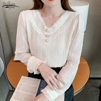 v neck sweet chiffon blouse women new autumn long sleeve elegant lace tops striped apricot chic buttons loose shirt ladies 17632