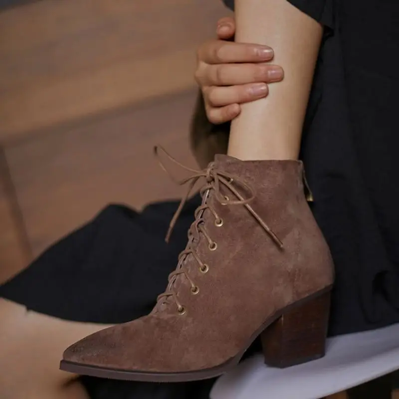 

RIZABINA Real Leather Women Ankle Boots Pointed Toe Cross Strap Zipper Shoes Winter Boots Women Office Footwear Size 34-42