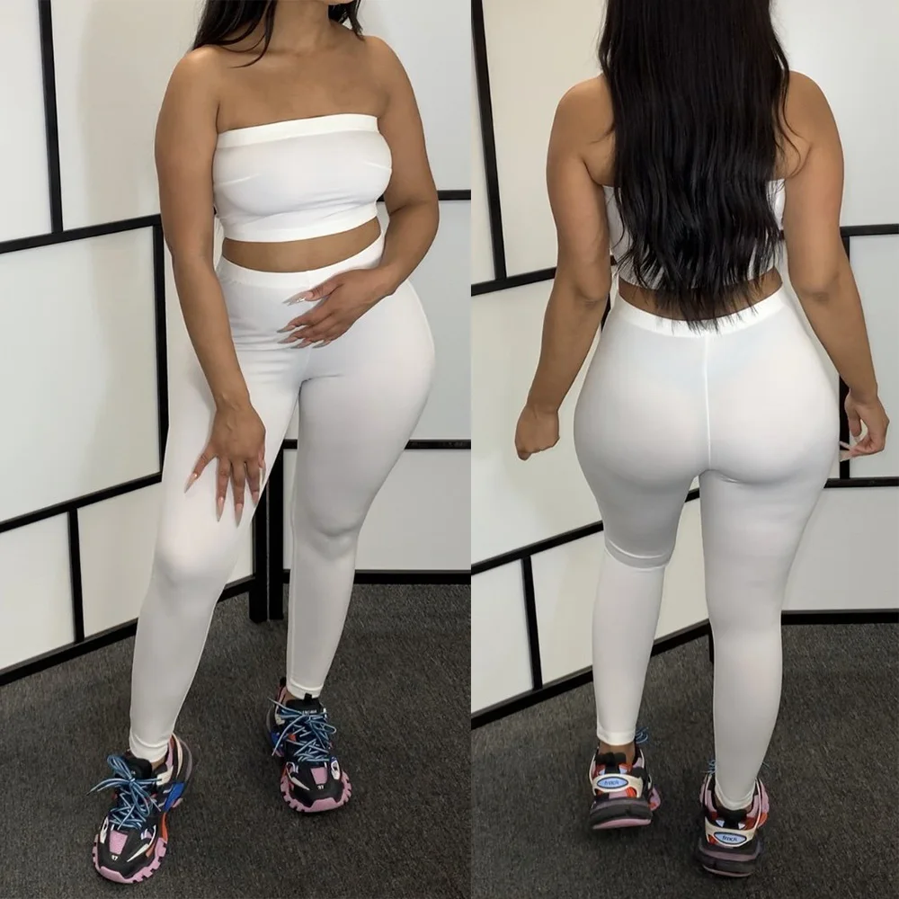 Casual Solid Strapless 2 Pieces Sets Sexy off Shoulder Crop Top and Long Pencil Pants Woman Tracksuit Summer Y2k Clothings 2021