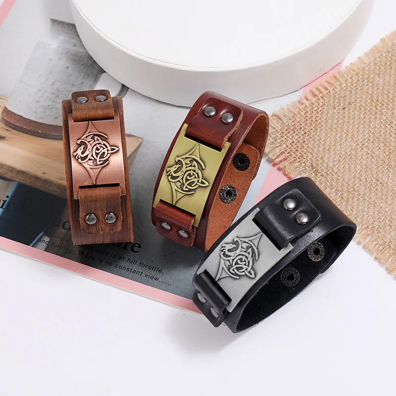 Широкий кожаный мужской Браслет Панк Плетеный веревочный браслет из сплава для