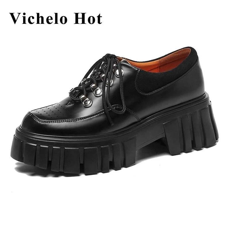 

Vichelo Hot full grain leather round metal fasteners daily wear preppy style solid high street fashion lace up women pumps L1f2