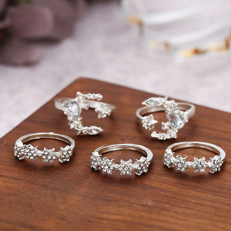 Модные Блестящие кристаллы Луна и звезда кольцо комплект с геометрическим