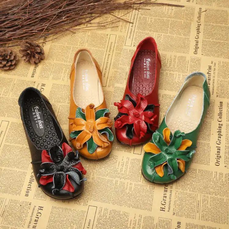 

Maternity flats women genuine leather shoes female design flower leather flats slip on loafers rubber shoes