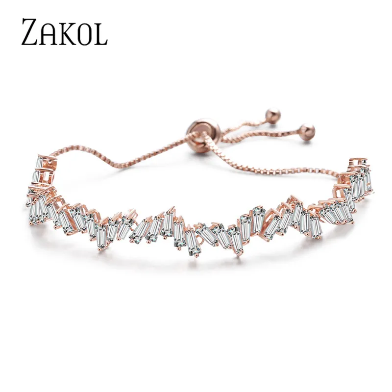 ZAKOL Модный Блестящий AAA кубический циркон багет Регулируемая цепочка браслет и
