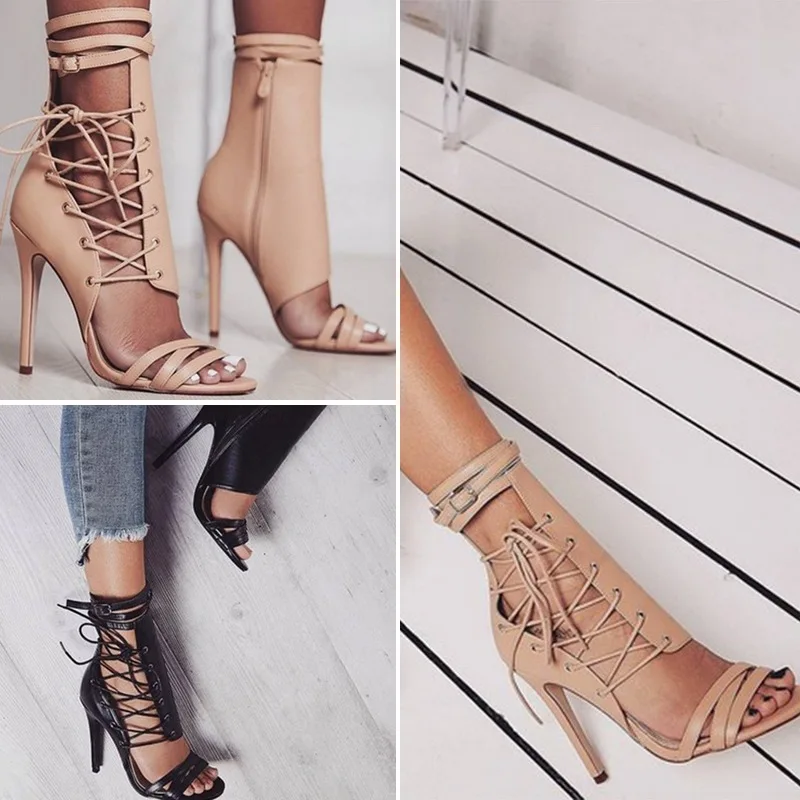 

Women's Sexy High Heels Sandals 2021 New PU Cross-tied Side Zipper Beige Sandals Female Women's Spring Shoes Plus Size 43