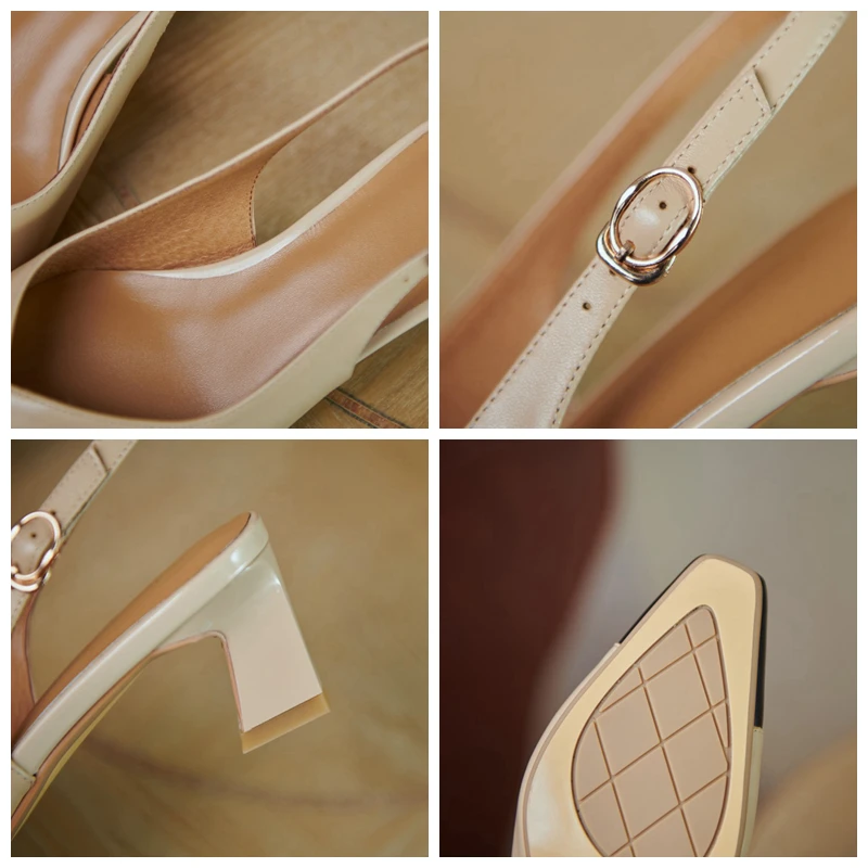 

ORCHA LISA 2021 cow Leather Slingbacks Sandals Ankle-Wrap Pointed Toe Buckle Strap 5cm Square High Heels Big Size 33-41