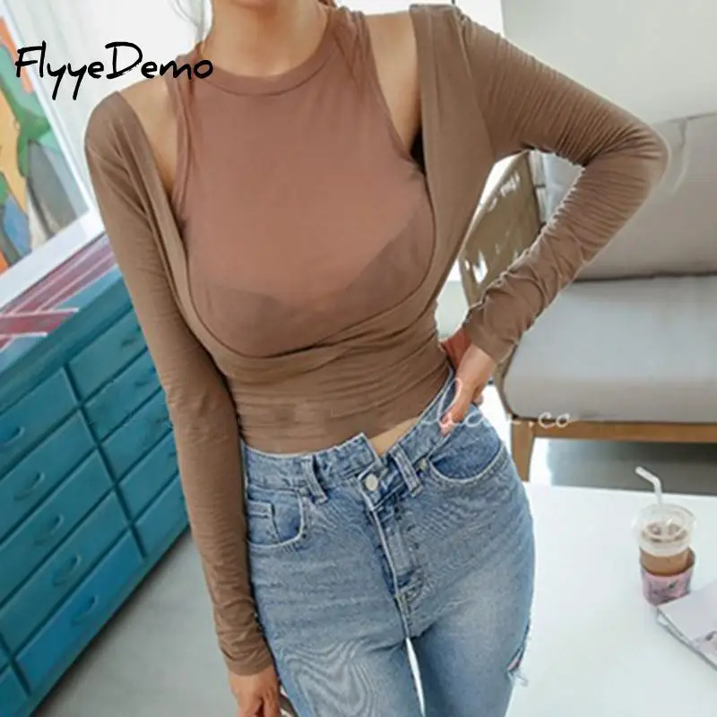 

Модная женская сексуальная футболка, женская футболка с открытыми плечами и длинным рукавом, элегантная стрейчевая Клубная футболка, уличн...